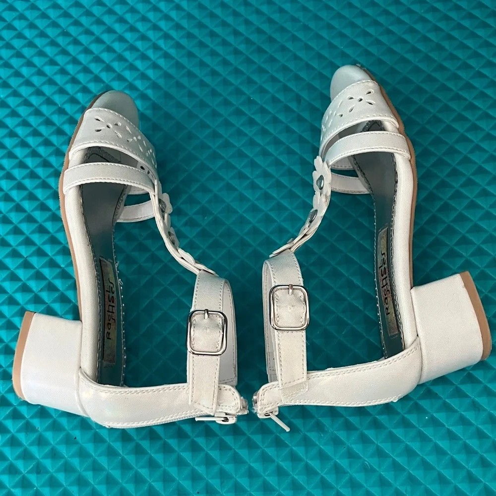 Rachel Shoes Carlee Ankle Strap Flower White Sandal Heels | 12